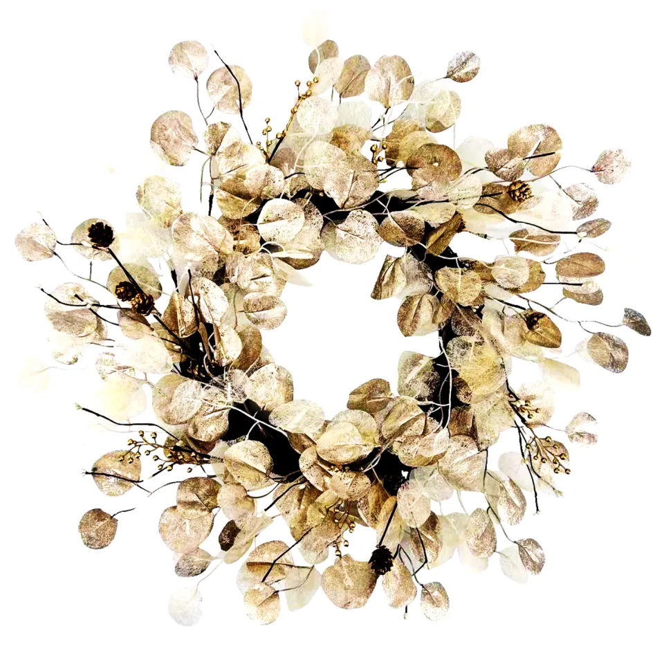 WREATH EUCALYPTUS 26″ CHAMPAGNE /IVORY W/ PINECONES