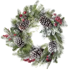 WREATH GRN 24″ FROSTED MIXED NEEDLE PINE W/ PINE CONES & BERRIES