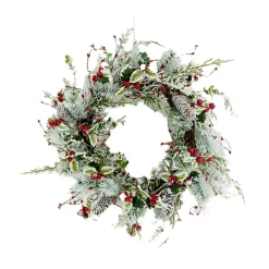 WREATH GRN 24″ HOLLY LEAF, MIXED GREENS, RED BERRIES AND CONES FROSTED