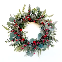 WREATH GRN 20″ MIXED GREENERY, RED BERRIES & BELLS