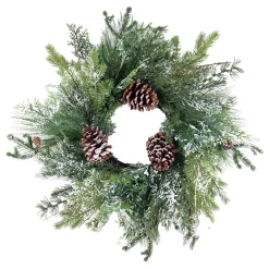 WREATH PINE 22″ FLOCKED MIXED PINE W/ PINE CONES