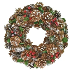 WREATH PINE CONES 14″ WHITE PAINTING W/ RED BERRIES & GREENS