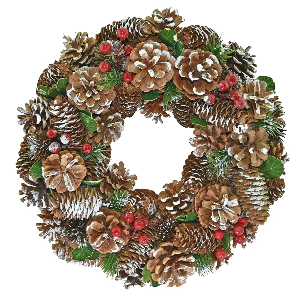 WREATH PINE CONES 14″ WHITE PAINTING W/ RED BERRIES & GREENS