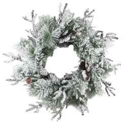 WREATH PINE FLOCKED 28″ MIXED PINE W/ PINE CONES