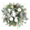 WREATH PINE FROSTED 24″ MIXED PINE W/ EUCALPTUS, PINE CONES & SOW BALLS