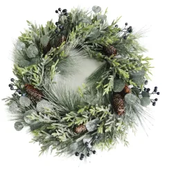 WREATH PINE FROSTED 24″ MIXED PINE W/ EUCALYPTUS, BLACK BERRY & PINE CONES