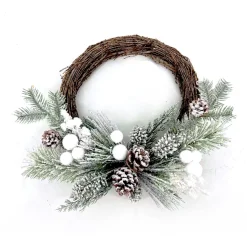 WREATH RATTAN 17.5″ FLOCKED MIXED PINE W/ PINE CONE AND WHITE SNOW BALLS