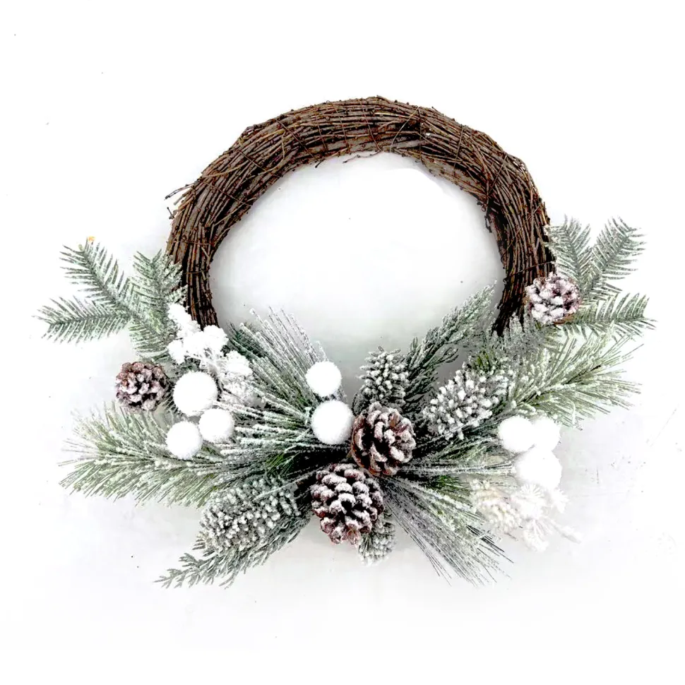 WREATH RATTAN 17.5″ FLOCKED MIXED PINE W/ PINE CONE AND WHITE SNOW BALLS