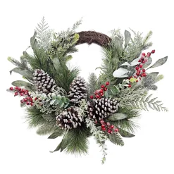 WREATH RATTAN 24″ MIXED GREENERY, RED BERRY & CONEDS ICED/ FROSTED