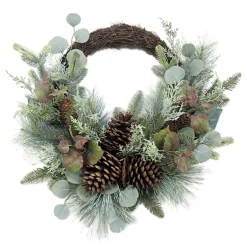 WREATH RATTAN 24″ MIXED PINE, CEDAR, EUCALYPTUS, & PINE CONES