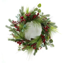 WREATH RATTAN 22″ MIXED PINES W/ RED BERRIES