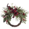 WREATH RATTAN 22″ MULTI NEEDLE PINE W/ BERRIES & RED/BLK BUFFALO PLAID BOW