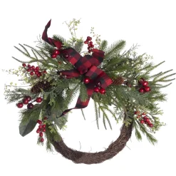 WREATH RATTAN 22″ MULTI NEEDLE PINE W/ BERRIES & RED/BLK BUFFALO PLAID BOW