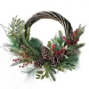 WREATH RATTAN 24″ RED BERRY, MIXED GREENERY & PINE CONES FROSTED