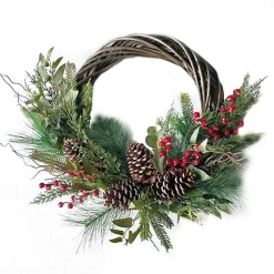 WREATH RATTAN 24″ RED BERRY, MIXED GREENERY & PINE CONES FROSTED