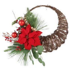 WREATH RATTAN 24″ RED POINSETTIA/ BERRY & BALLS IN CORNUCOPIA