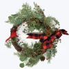 WREATH RATTAN 20″ W/ MIXED GREENS, CARDINAL & BLK/ RED BUFFALO PLAID BOW