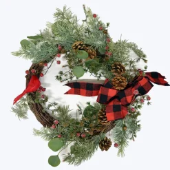 WREATH RATTAN 20″ W/ MIXED GREENS, CARDINAL & BLK/ RED BUFFALO PLAID BOW