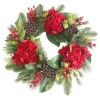 WREATH RED HYDRANGEA 24″ W/LOTUS PODS, MIXED GREENS & RED BERRIES