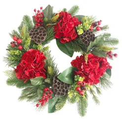 WREATH RED HYDRANGEA 24″ W/LOTUS PODS, MIXED GREENS & RED BERRIES