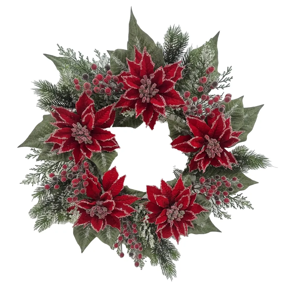 WREATH RED POINSETTIA 24″ ICED W/ MIXED GREES & RED BERRIES