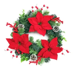 WREATH RED POINSETTIA 20″ W/BERRY EUCALYPTUS & CONE