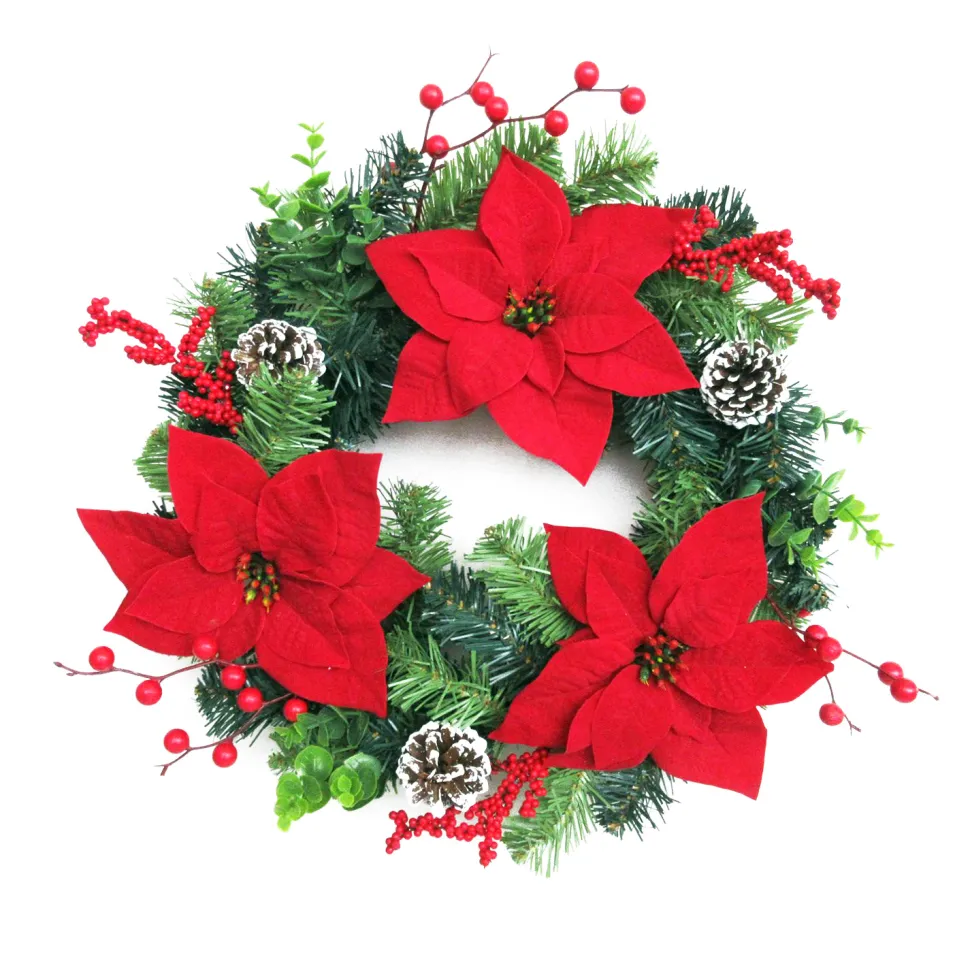 WREATH RED POINSETTIA 20″ W/BERRY EUCALYPTUS & CONE