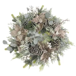 WREATH TAUPE POINSETTIA 24″ FROSTED W/ MIXED GREENS & CONES
