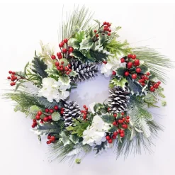 WREATH WHITE HYDRANGEA 22″ PINE NEEDLE W/ CONE & BERRIES