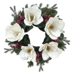 WREATH WHITE MAGNOLIA 24″ W/ MIXED GREENS & ICED RED BERRIES