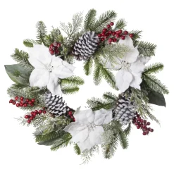 WREATH WHITE POINSETTIA 24″ FROSTED W/ MIXED GREENS, RED BERRIES & CONES