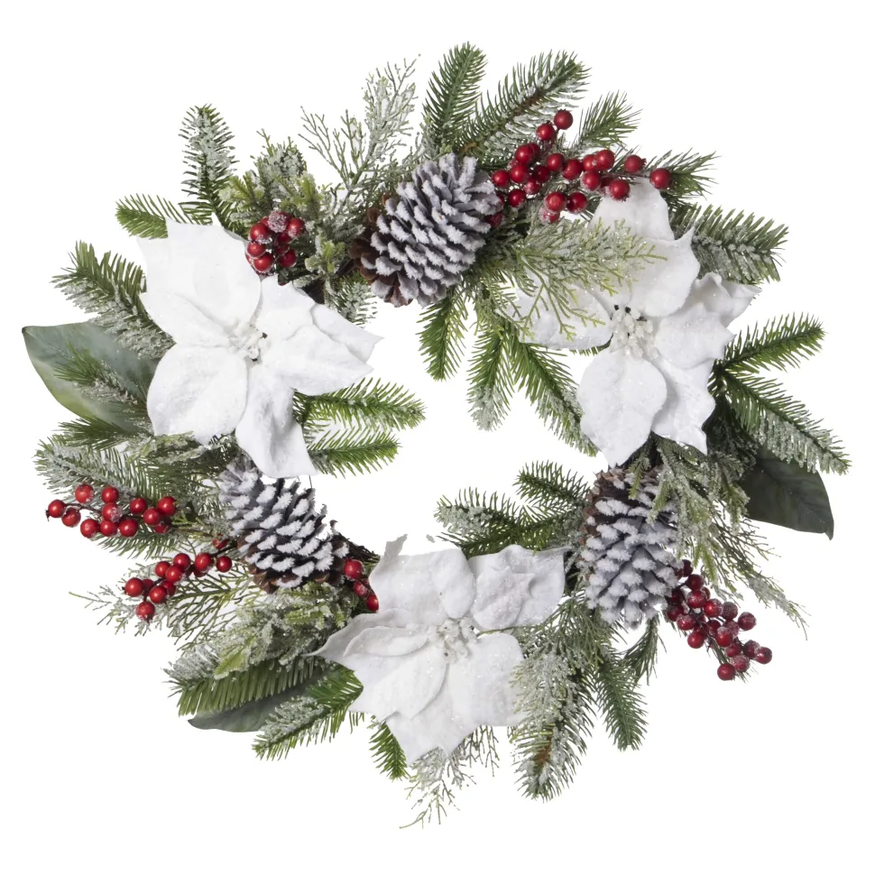WREATH WHITE POINSETTIA 24″ FROSTED W/ MIXED GREENS, RED BERRIES & CONES