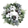 WREATH WHITE POINSETTIA 24″ MIXED PINE W/ BERRIES & CHAMPAGNE BALLS