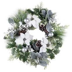 WREATH WHITE POINSETTIA 24″ MIXED PINE W/ BERRIES & CHAMPAGNE BALLS