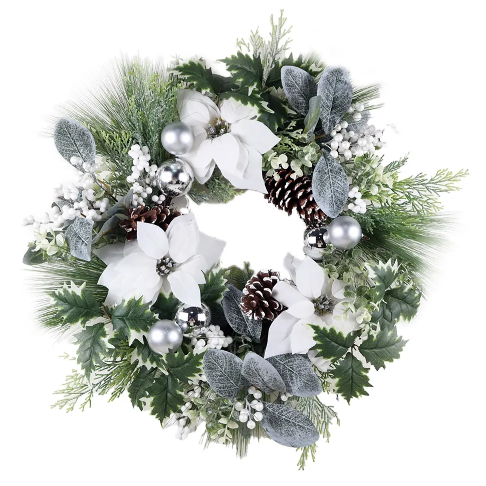 WREATH WHITE POINSETTIA 24″ MIXED PINE W/ BERRIES & CHAMPAGNE BALLS
