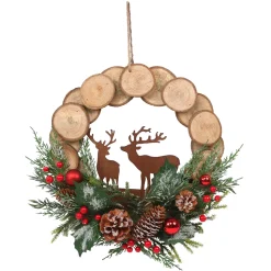 WREATH WOODEN 12.5″ W/ MIXED PINE, RED BERRIES, PINE CONES & COPPER REINDEER