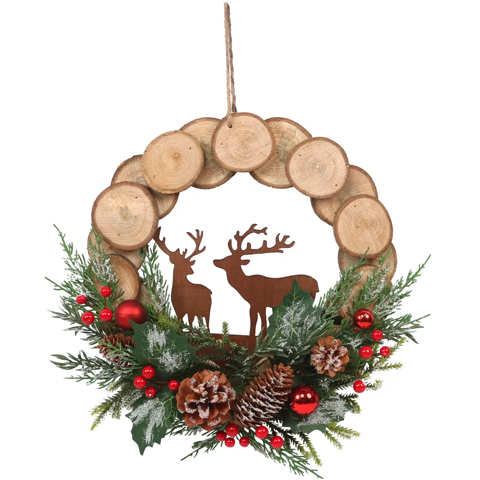 WREATH WOODEN 12.5″ W/ MIXED PINE, RED BERRIES, PINE CONES & COPPER REINDEER